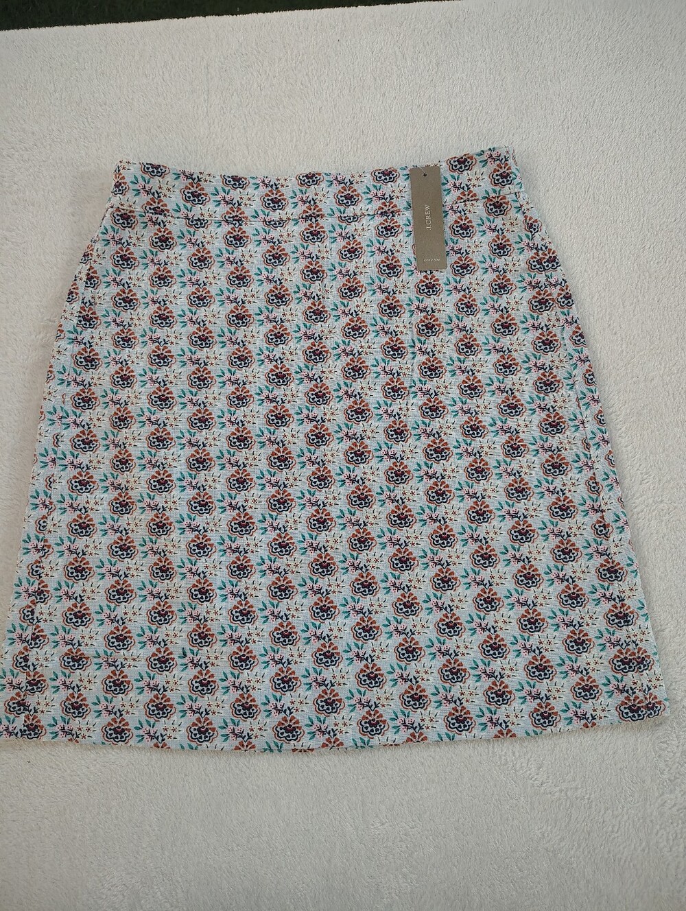 J Crew Printed A-Line Skirt in White, Blue, and Coral